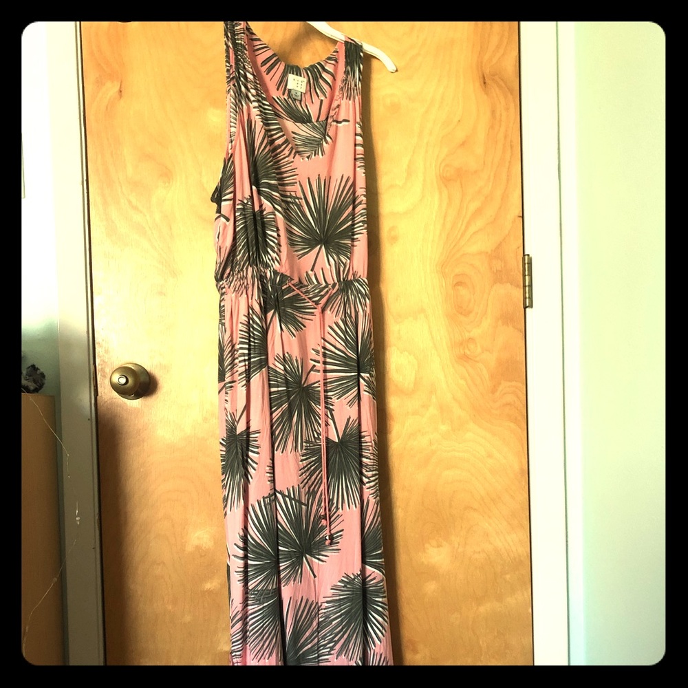 Long Pink Maxi Dress with Green Palm Leaf Pattern